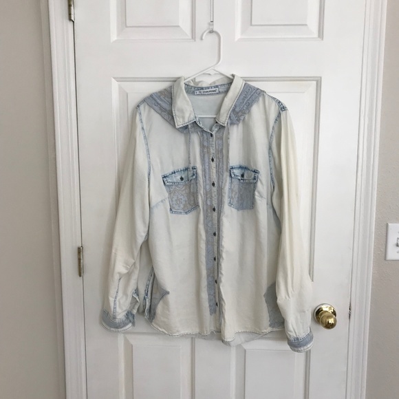 Upcycled Maurices Rodeo Boho Dip-Dye Grunge Knit Hoodie Denim Shirt Size 2 - Picture 2 of 8